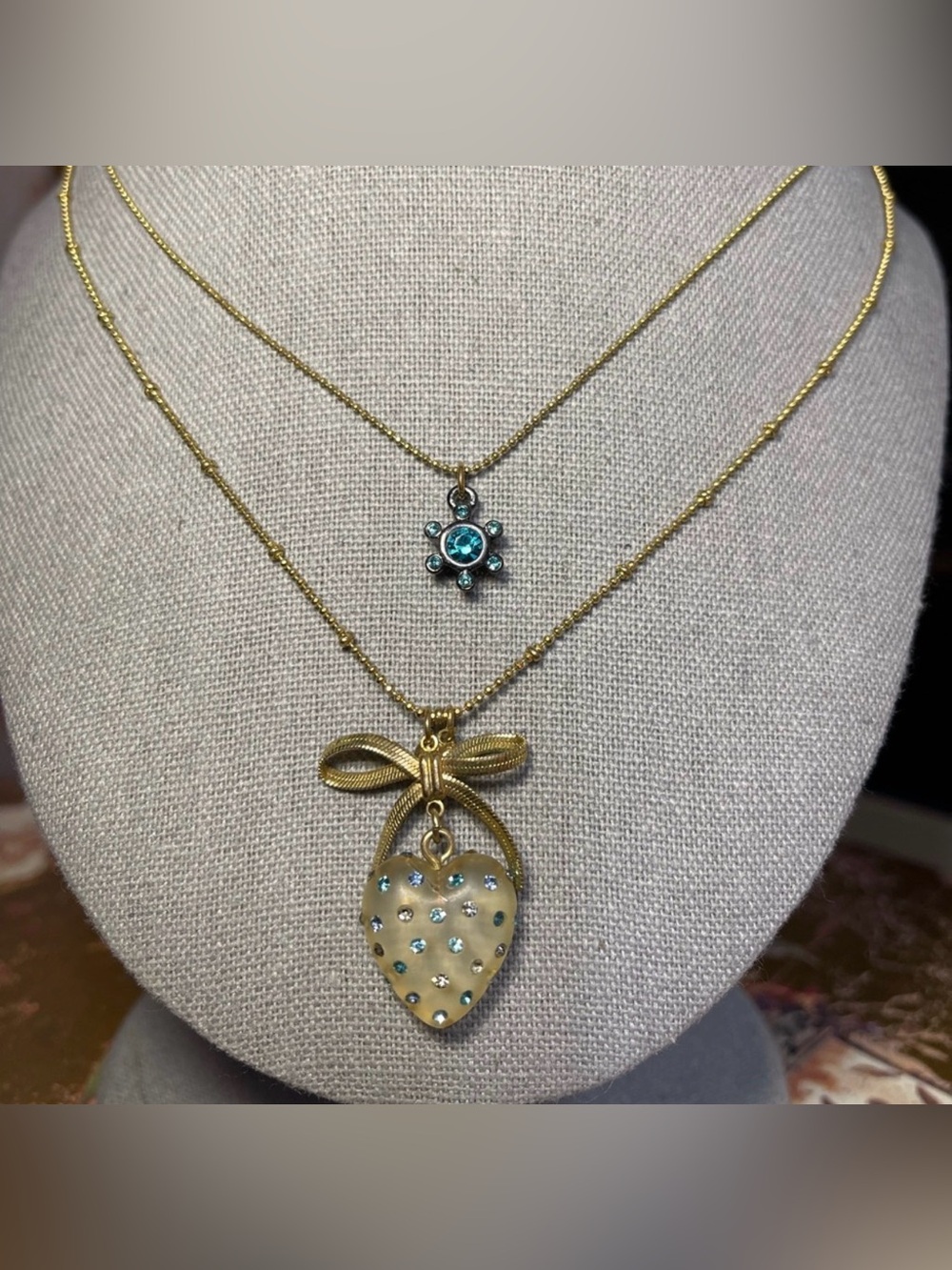 Signed Betsey Johnson Blue Crystal Puffy Heart Gold Tone Necklace